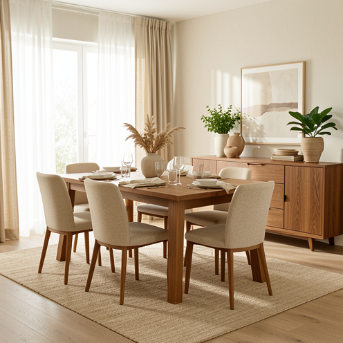 Salle à manger élégante avec une table en chêne, six chaises coordonnées, un buffet raffiné et une décoration harmonieuse aux tons naturels.