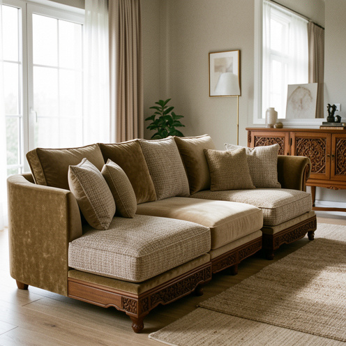 Canapé de style turc modulable dans un salon contemporain, avec revêtement en velours, coussins en tissu et détails en bois sculpté.