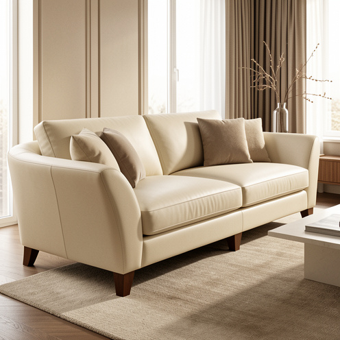 Canapé luxueux en cuir clair aux finitions soignées, présenté dans un salon contemporain élégant.