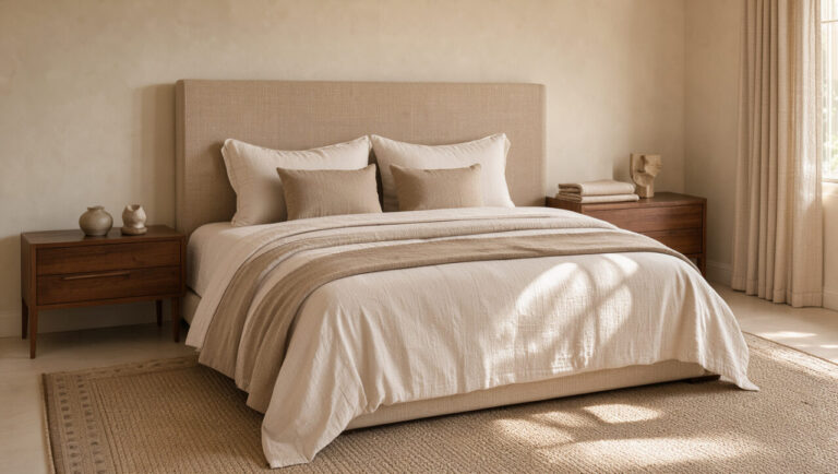 Chambre élégante et chaleureuse avec lit rembourré, literie en lin, mobilier en noyer, tapis classique et décoration neutre intemporelle.