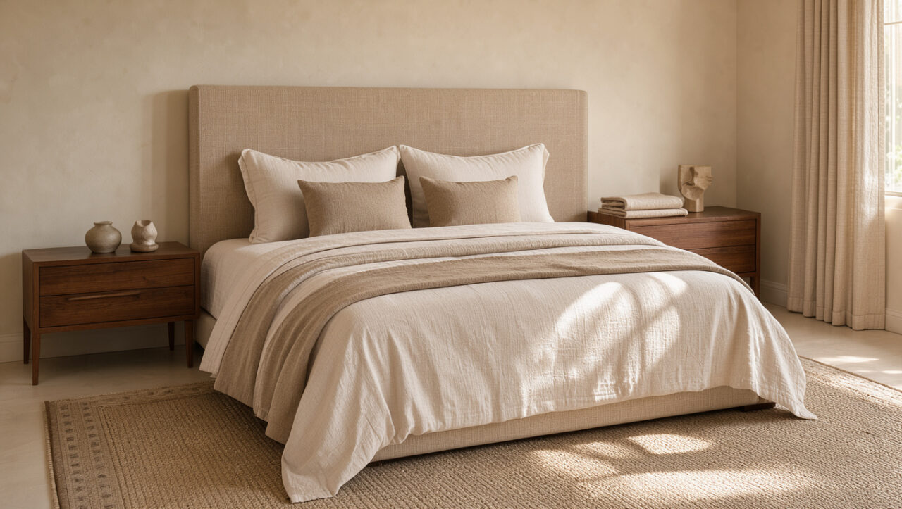 Chambre élégante et chaleureuse avec lit rembourré, literie en lin, mobilier en noyer, tapis classique et décoration neutre intemporelle.