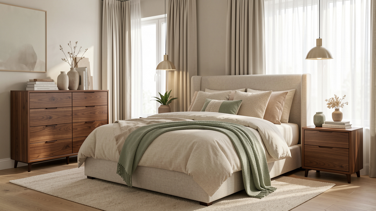 Chambre contemporaine élégante et confortable avec un lit rembourré, une literie aux tons crème et beige, du mobilier en noyer et une lumière douce.