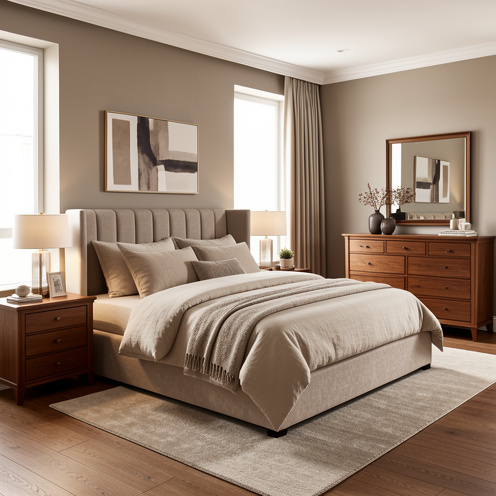 Chambre à coucher haut de gamme avec lit, tables de chevet, commode et mobilier assorti dans une décoration contemporaine élégante.