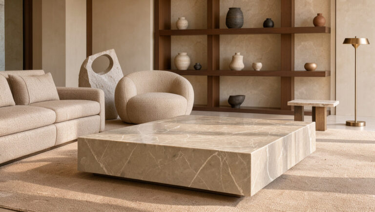 Salon contemporain raffiné composé de mobilier sculptural, de bois noyer, de pierre, de textiles beiges et d’accents bronze.