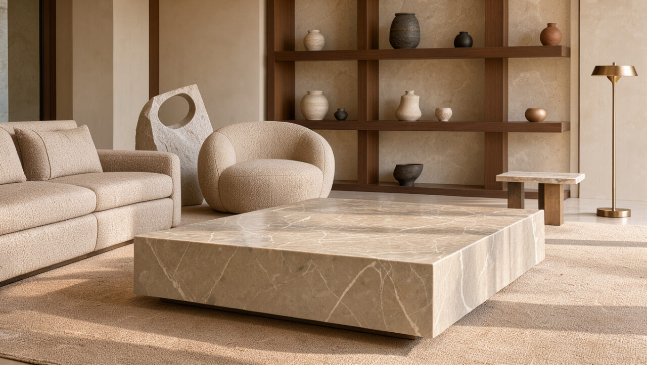 Salon contemporain raffiné composé de mobilier sculptural, de bois noyer, de pierre, de textiles beiges et d’accents bronze.
