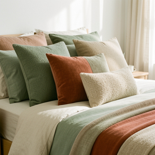 Composition de coussins décoratifs aux matières variées et aux tons naturels, disposés sur un lit dans une chambre élégante.