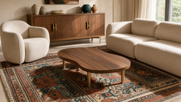 Salon raffiné inspiré du design turc, avec mobilier sculptural, bois de noyer, tapis kilim, accents en laiton et palette de couleurs terracotta et bleu profond.