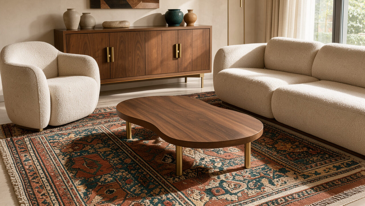 Salon raffiné inspiré du design turc, avec mobilier sculptural, bois de noyer, tapis kilim, accents en laiton et palette de couleurs terracotta et bleu profond.