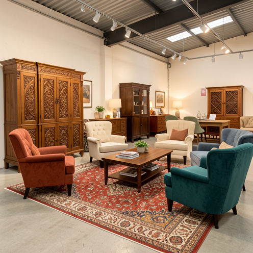 Sélection de meubles turcs élégants présentés dans un vaste showroom, avec armoires en bois sculpté, fauteuils, tapis et tables basses aux couleurs chaleureuses.