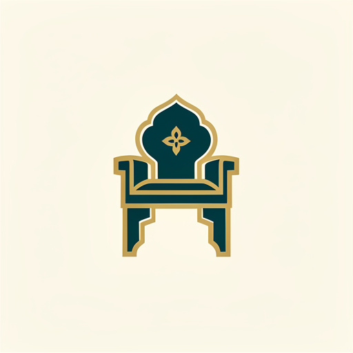 Emblème minimaliste et moderne représentant le mobilier turc haut de gamme, avec une silhouette géométrique de fauteuil et des courbes inspirées de l’architecture ottomane, en tons bleu sarcelle et laiton sur fond ivoire uni.