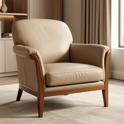 Fauteuil haut de gamme en cuir naturel avec structure en bois, coutures soignées et finitions élégantes dans un intérieur contemporain.