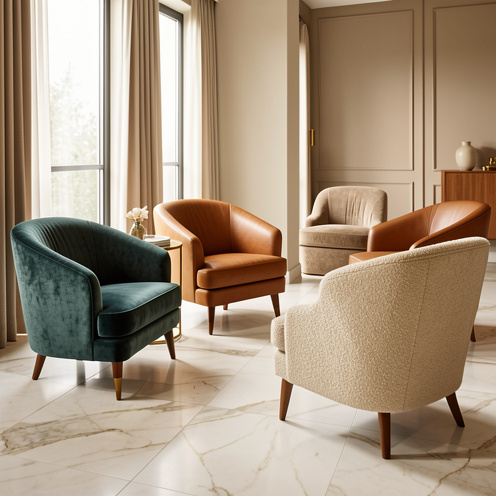 Sélection de fauteuils luxueux aux formes sculpturales, revêtements raffinés et finitions élégantes dans un intérieur contemporain.
