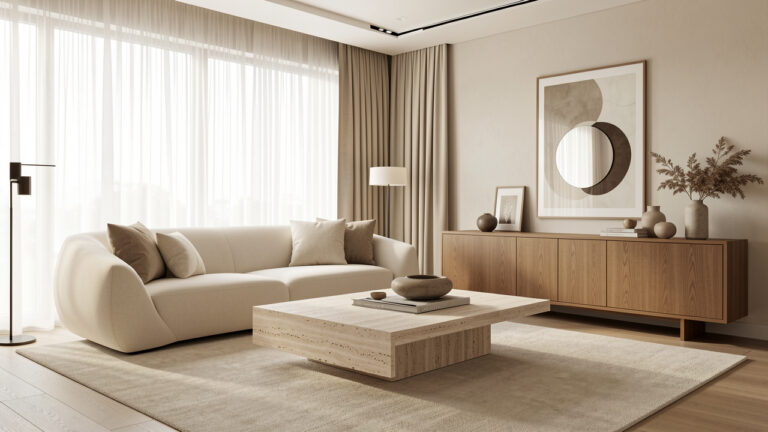 Salon contemporain élégant avec mobilier raffiné, tons neutres et décoration minimaliste soigneusement équilibrée.