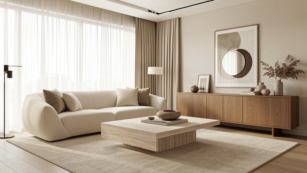 Salon contemporain élégant avec mobilier raffiné, tons neutres et décoration minimaliste soigneusement équilibrée.