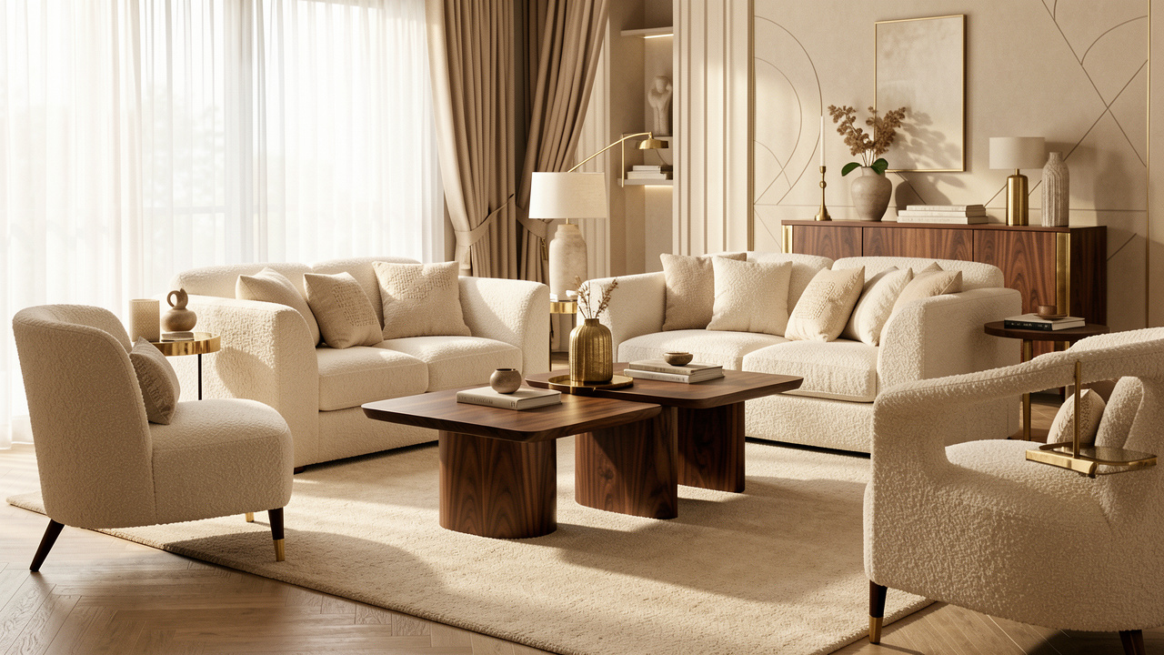 Salon élégant aménagé avec du mobilier turc haut de gamme, des boiseries raffinées, des assises crème et des détails en laiton.