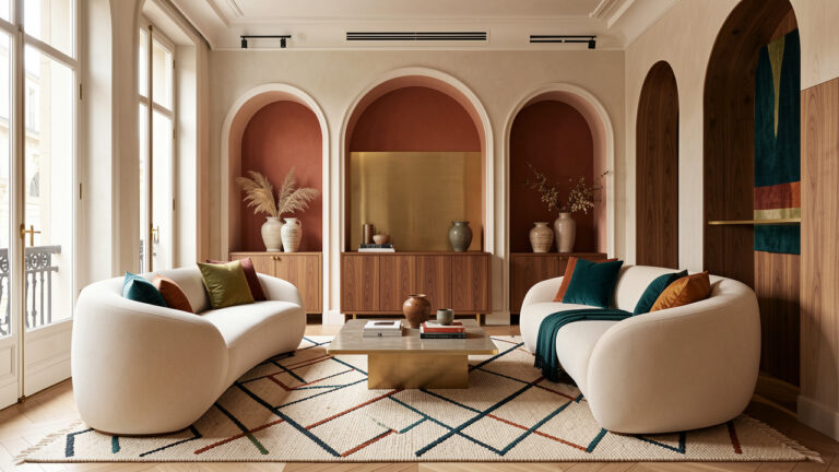 Intérieur parisien luxueux inspiré du design turc contemporain, avec des canapés crème, des arches élégantes, un tapis géométrique, du bois chaleureux et des touches de laiton, de terracotta et de bleu profond.