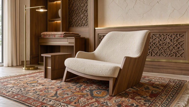 Intérieur turc haut de gamme associant un meuble contemporain sculptural, du bois chaud, des textiles kilim, des détails en laiton et des panneaux géométriques.