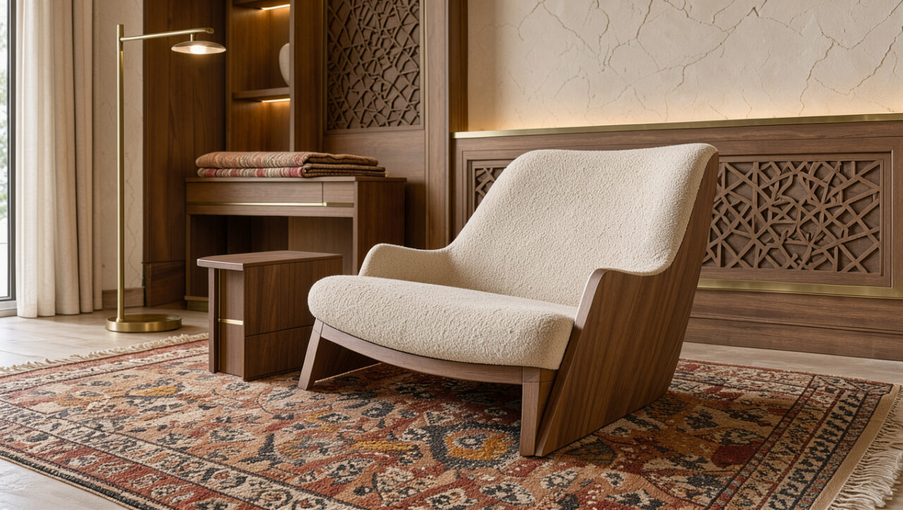 Intérieur turc haut de gamme associant un meuble contemporain sculptural, du bois chaud, des textiles kilim, des détails en laiton et des panneaux géométriques.