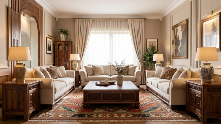 Salon turc haut de gamme et harmonieux avec mobilier en noyer, canapés crème, tapis kilim géométriques, détails en bois sculpté et touches de laiton doré.