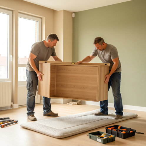 Deux installateurs livrent et installent soigneusement un meuble en bois dans un appartement lumineux, avec des protections au sol et des outils à proximité.
