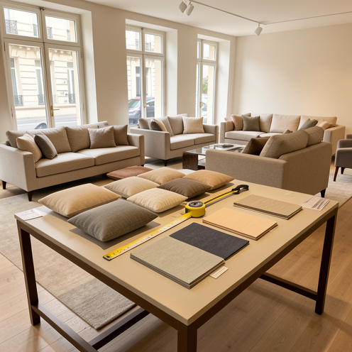Intérieur lumineux d’un magasin de canapés présentant plusieurs modèles, des coussins et des échantillons de tissus pour comparer le confort, les dimensions et les styles.