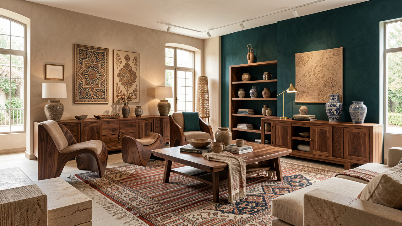 Showroom de mobilier haut de gamme présentant un intérieur d’inspiration turque, avec meubles en noyer, textiles tissés, céramiques et matériaux durables dans des tons chaleureux.