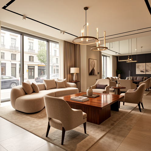 Intérieur élégant d’un magasin de meubles haut de gamme présentant des canapés, fauteuils et tables au design raffiné.