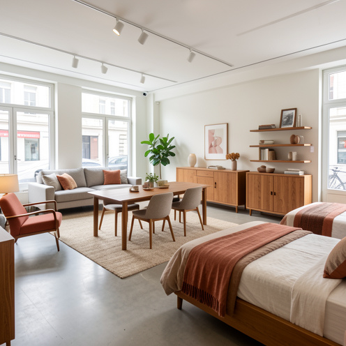 showroom de meubles contemporain à Noisy-le-Grand présentant des salons, tables, fauteuils, lits et rangements en bois dans des espaces aménagés avec soin.