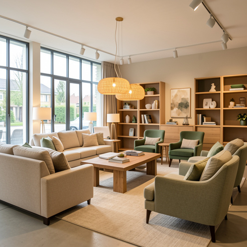 Showroom de magasin de meubles avec salons aménagés, tables en bois, fauteuils et étagères dans une atmosphère chaleureuse.