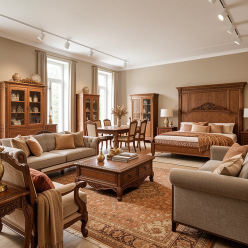 Intérieur élégant d’un magasin de meubles turcs en France présentant des collections de salon, de salle à manger et de chambre aux styles ottomans et contemporains.