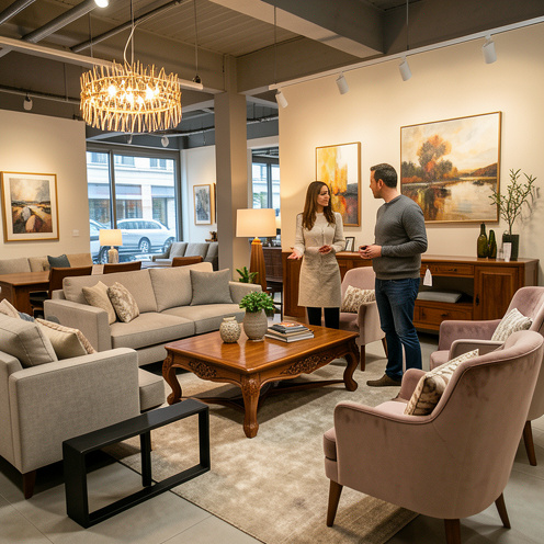 Showroom de meubles turcs présentant des canapés, tables en bois, fauteuils et luminaires, avec une conseillère guidant un client.
