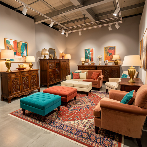 Intérieur raffiné d’un magasin de meubles turcs à Noisy-le-Grand présentant des ottomans, des armoires en bois sculpté, des tapis colorés et des luminaires en laiton.