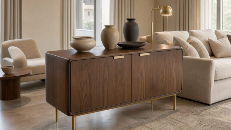 Buffet design haut de gamme en bois de noyer et détails en laiton, présenté comme pièce maîtresse dans un salon contemporain élégant.