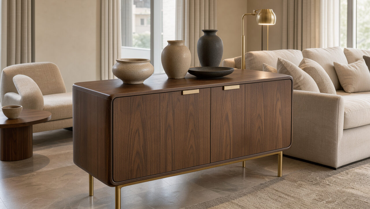 Buffet design haut de gamme en bois de noyer et détails en laiton, présenté comme pièce maîtresse dans un salon contemporain élégant.