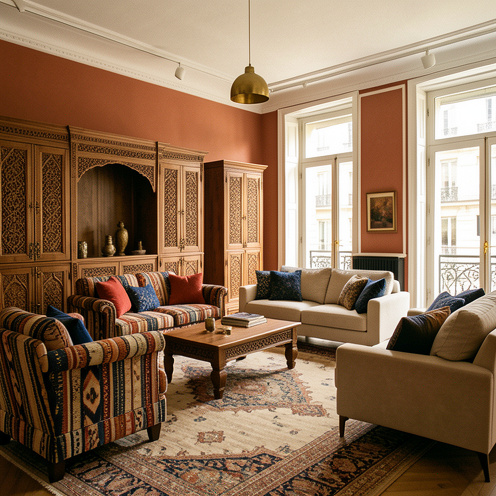 showroom parisien élégant présentant des meubles d’inspiration turque, avec boiseries artisanales, tissus kilim, détails en laiton et décoration contemporaine