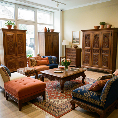 Intérieur chaleureux d’un showroom spécialisé présentant des meubles turcs artisanaux, des tables basses, des armoires sculptées, des poufs et des tapis orientaux.