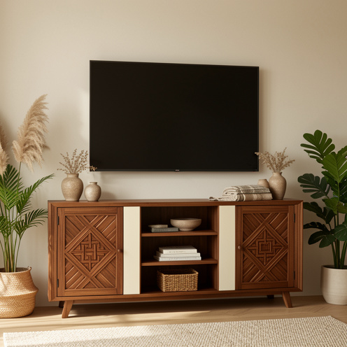 Meuble TV turc en bois noyer avec détails géométriques, rangements ouverts et décoration sobre dans un salon contemporain.