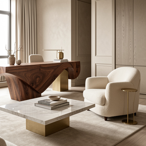 Collection de mobilier haut de gamme présentant différentes formes, matériaux nobles et finitions soignées dans un intérieur élégant.
