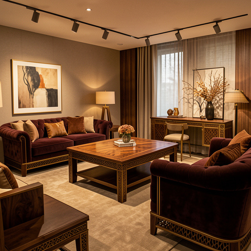 Collection de mobilier turc haut de gamme présentée dans un showroom élégant, avec tables en noyer sculpté, assises en velours, détails en laiton et motifs géométriques raffinés.
