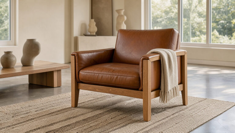 Fauteuil sculptural en cuir cognac et bois clair, pièce maîtresse d’un salon contemporain aux tons neutres et à la lumière naturelle.