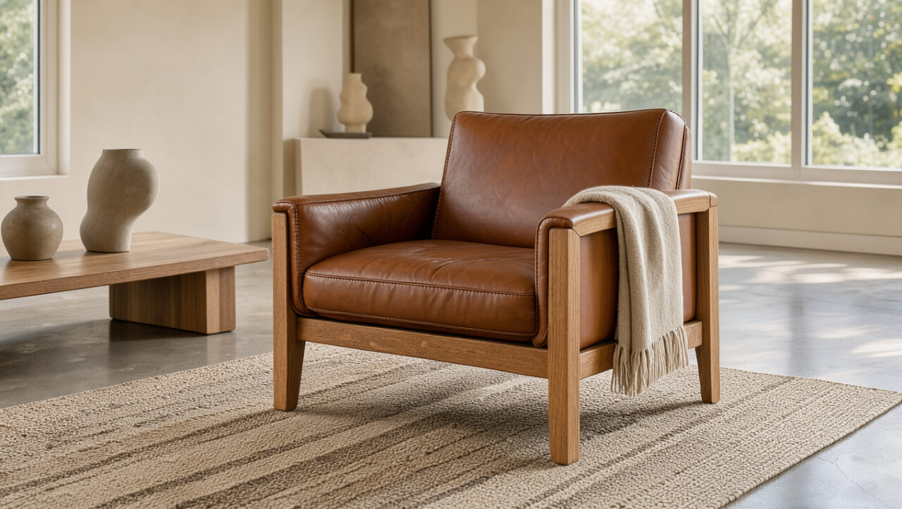 Fauteuil sculptural en cuir cognac et bois clair, pièce maîtresse d’un salon contemporain aux tons neutres et à la lumière naturelle.