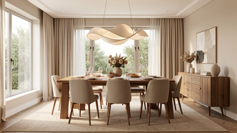 Salle à manger élégante et conviviale avec une table en chêne, six chaises rembourrées, des meubles en bois naturel et une suspension sculpturale.