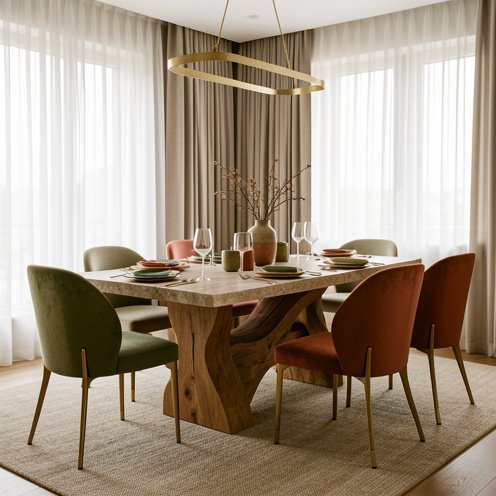 Salle à manger raffinée avec table en bois sculptural, chaises rembourrées, pierre naturelle, accents en laiton et associations harmonieuses de matières dans une ambiance chaleureuse.