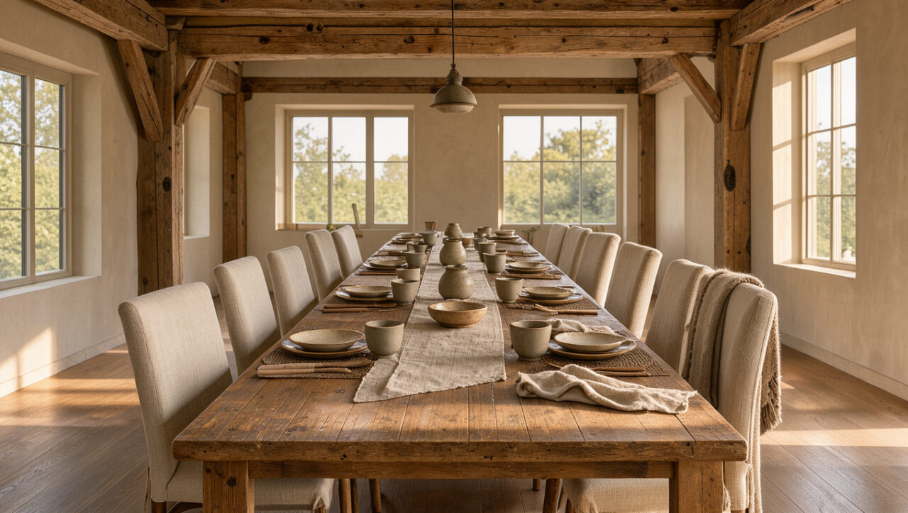 Salle à manger élégante inspirée du style grange, avec poutres en bois, table rustique, chaises en lin et lumière naturelle chaleureuse.