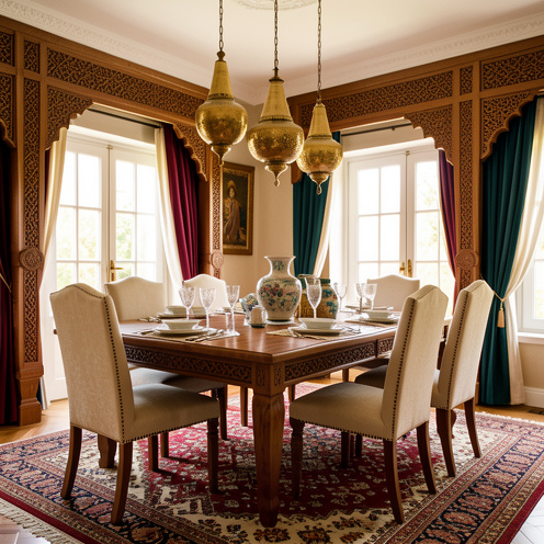 Salle à manger élégante de style turc avec table en noyer, chaises rembourrées, luminaires en laiton, tapis kilim et accents bordeaux, crème et bleu sarcelle.