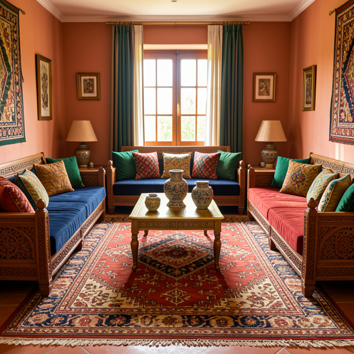 Salon turc traditionnel aménagé avec des assises basses, des meubles en bois sculpté, des tapis kilim, des tables en laiton et des coussins colorés.