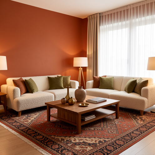 Salon turc moderne aux murs terracotta, mobilier en bois, canapé crème, tapis kilim coloré et accents vert olive.