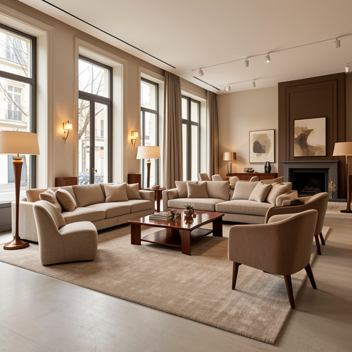 Showroom élégant de meubles de luxe à Champigny-sur-Marne, avec canapés, fauteuils et tables soigneusement présentés dans un intérieur contemporain.