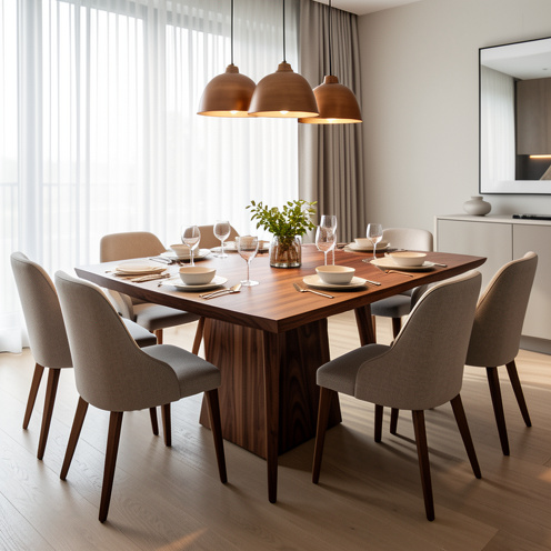 Table de salle à manger haut de gamme en noyer naturel, entourée de chaises élégantes dans une pièce contemporaine lumineuse.